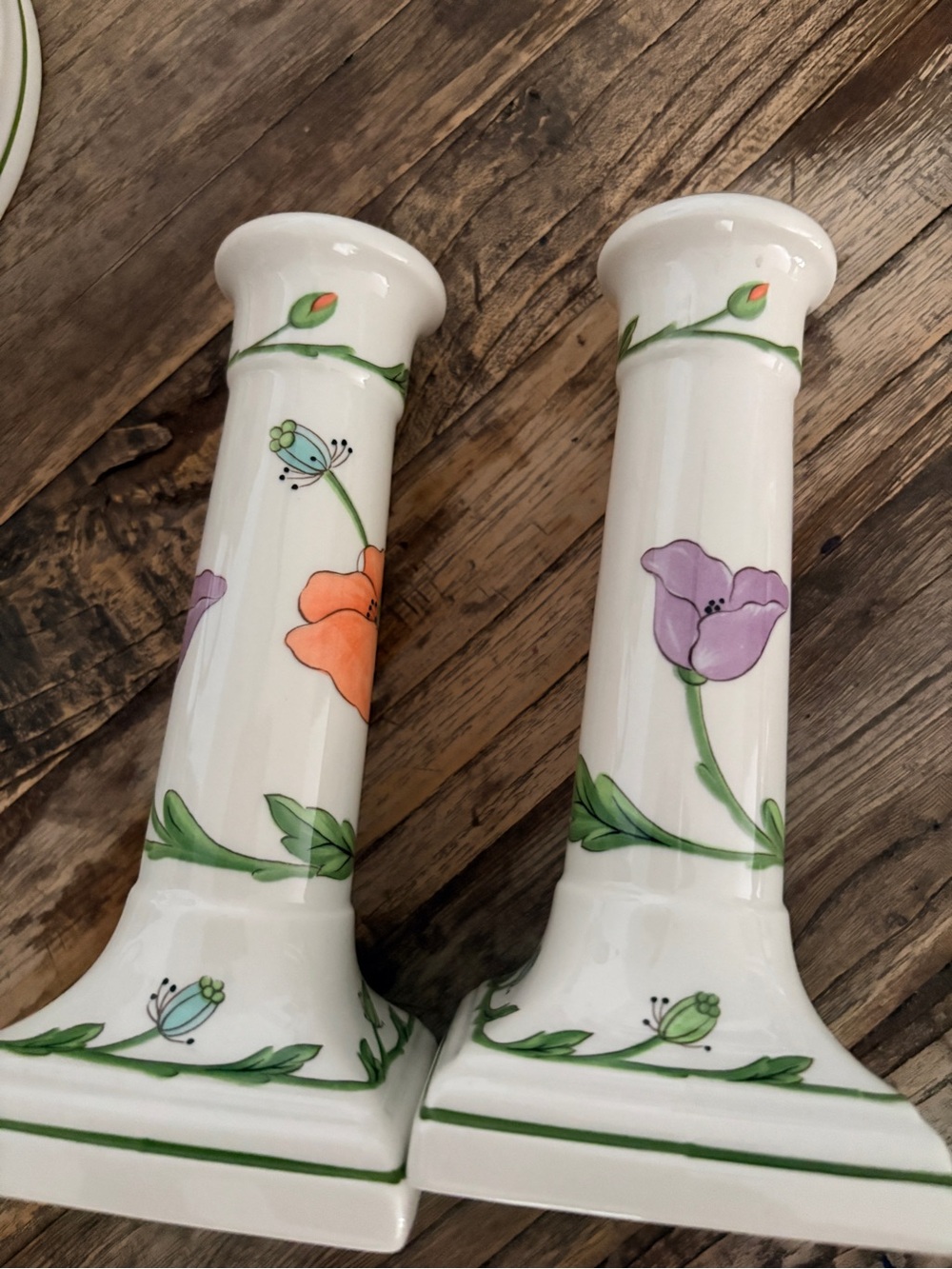 Villeroy & Boch Porcelain Floral Candlestick Pair in White w multicolor poppies